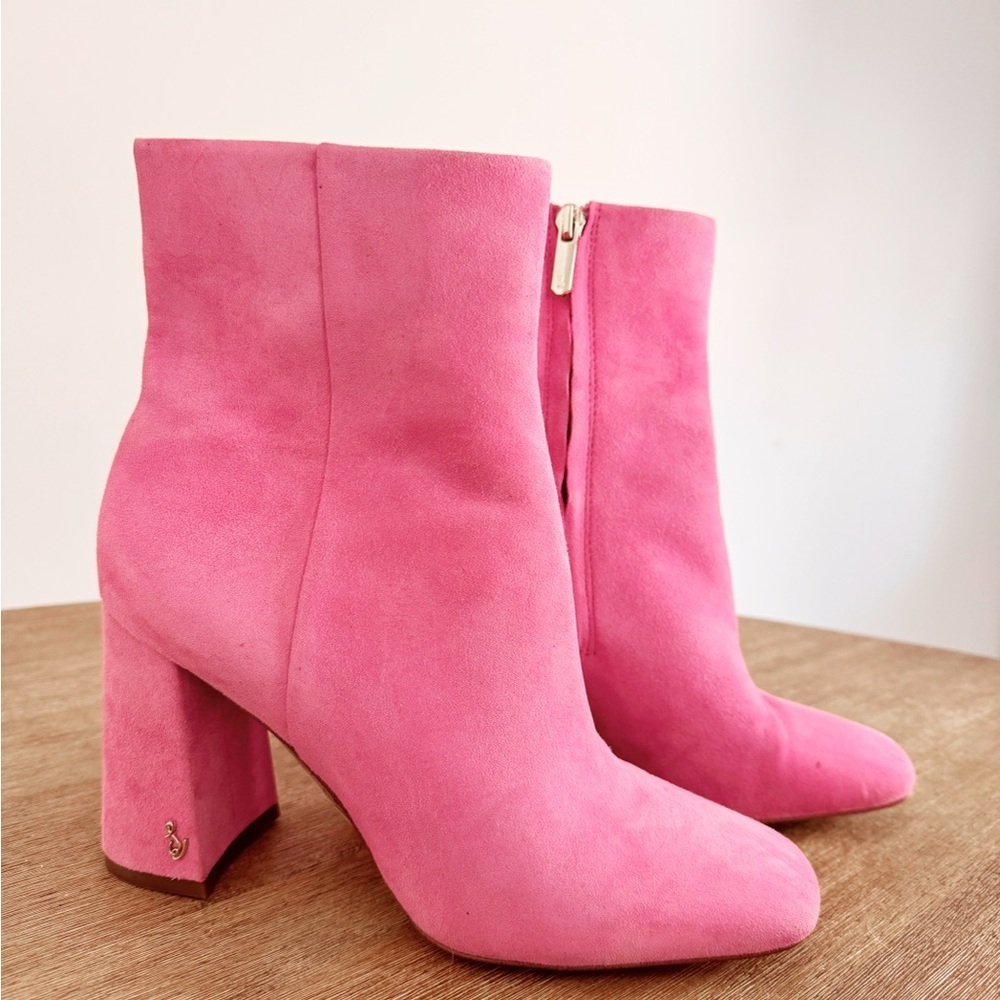 Sam Edelman Women's Pink Suede Block Heel Ankle Booties size 7